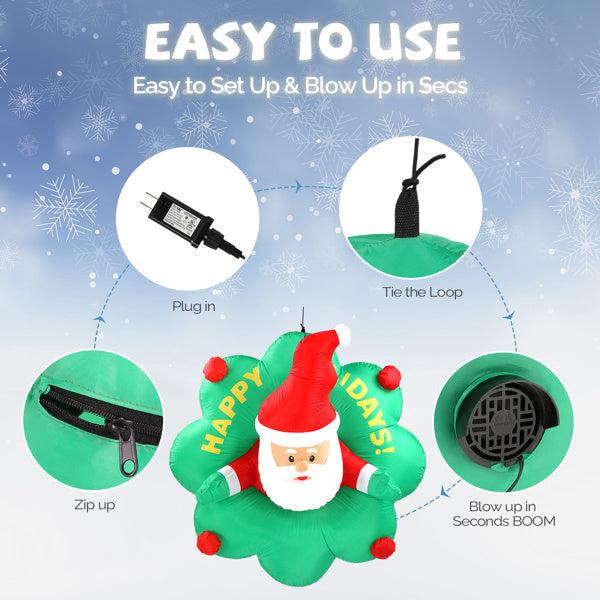 4ft Window Santa Claus Wreath, 5 LED Lights, Bundle Pocket Christmas