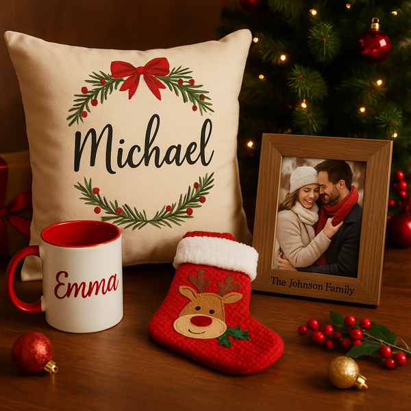 Personalized Christmas items including a pillow, mug, stocking, and photo frame with a festive background.