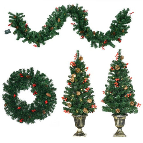 HOMCOM Prelit Holiday Christmas 4-Piece Set, Garland Wreath And Set Of