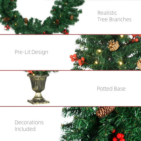 HOMCOM Prelit Holiday Christmas 4-Piece Set, Garland Wreath And Set Of