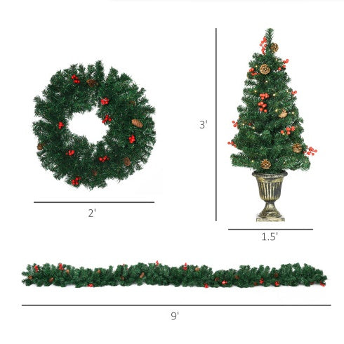 HOMCOM Prelit Holiday Christmas 4-Piece Set, Garland Wreath And Set Of