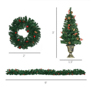 HOMCOM Prelit Holiday Christmas 4-Piece Set, Garland Wreath And Set Of