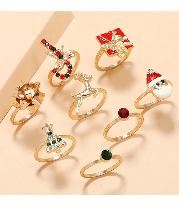 CHRISTMAS THEME 8 PIECE RING SET - SANTA TREE GIFT BOX
