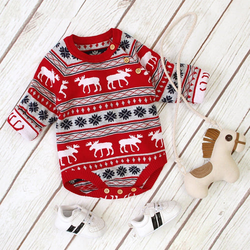 Baby Christmas Deer Pattern Shoulder Button Design Long Sleeved